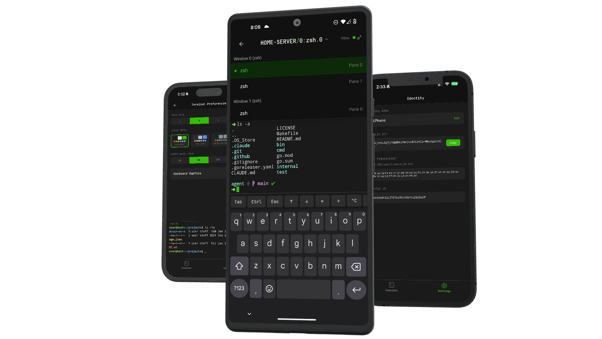 Pocketmux app screenshots: tmux session list, terminal view with keyboard, and paired-device identity screen